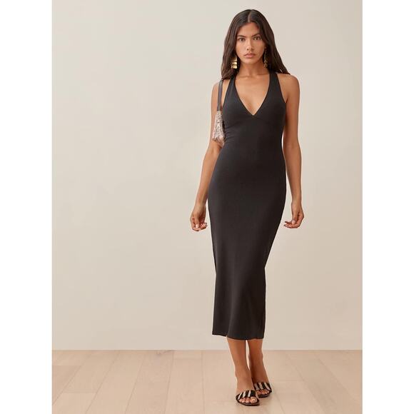 Reformation Black Knit Ribbed Ashlee Midi Dress Size Large - Picture 2 of 8